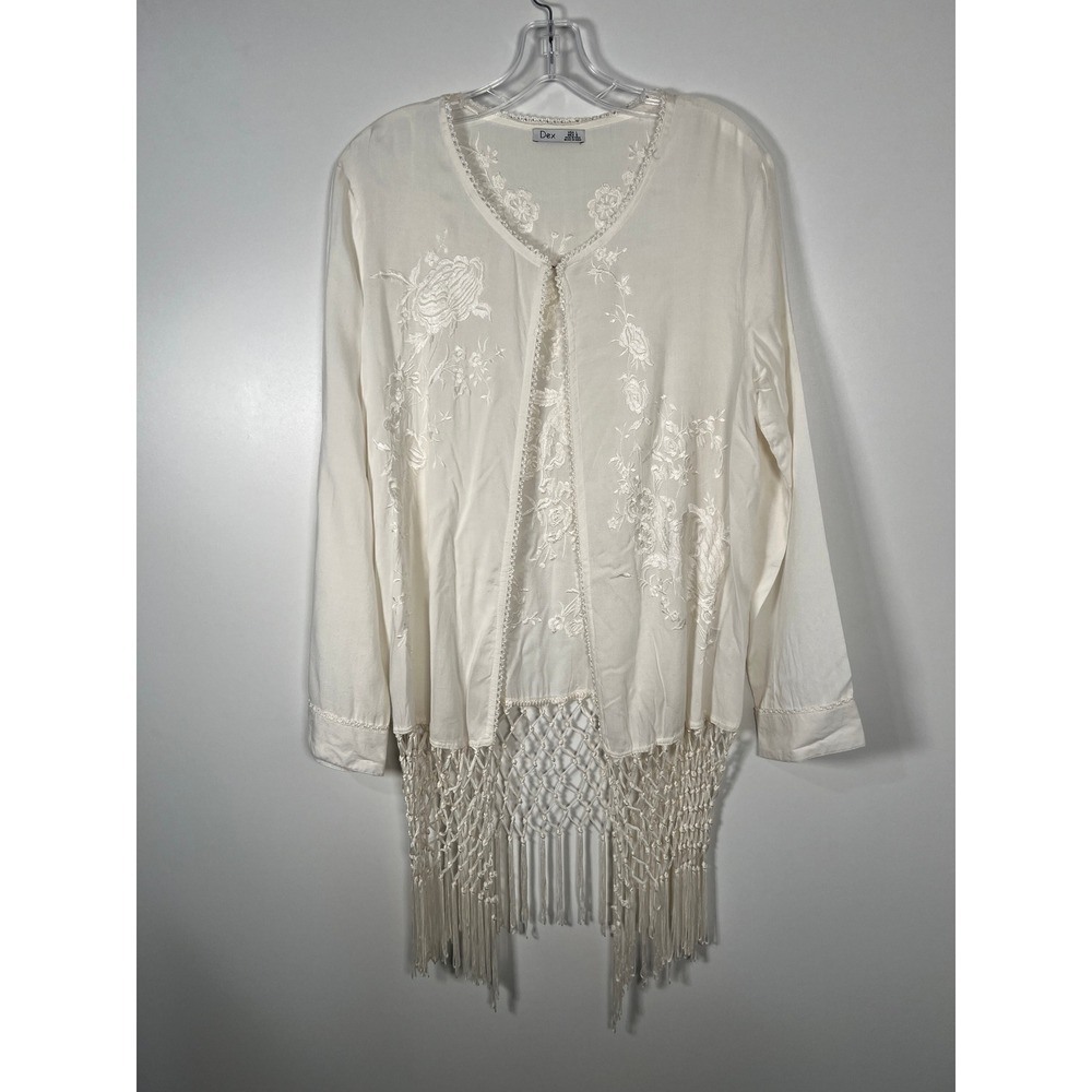 Dex Ivory Floral Embroidered Macrame Fringe Boho Cardigan Kimono Large
